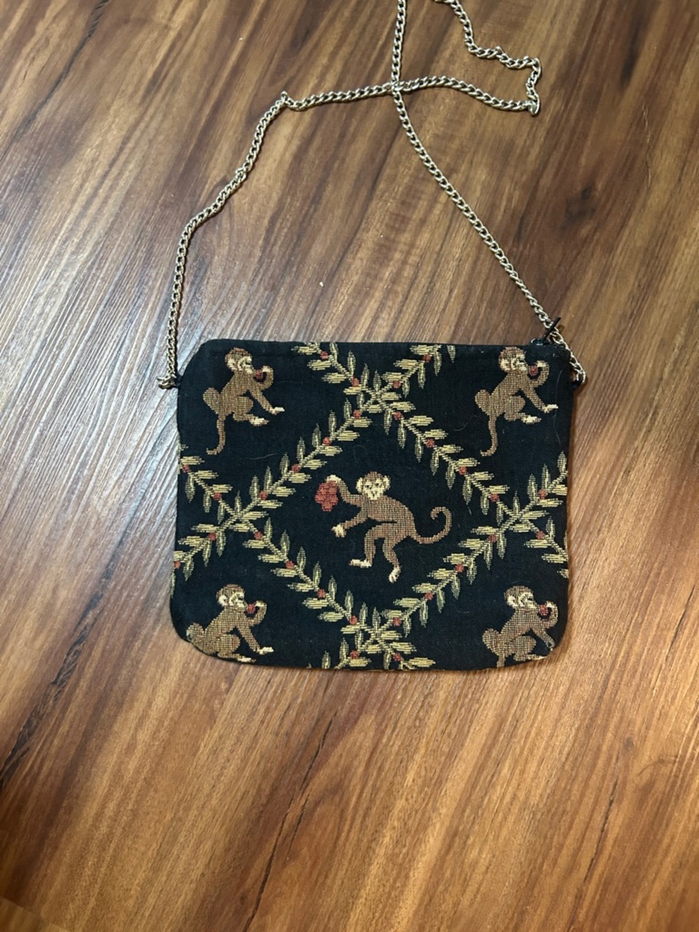Black Tapestry Monkey Crossbody Bag with Gold Chain